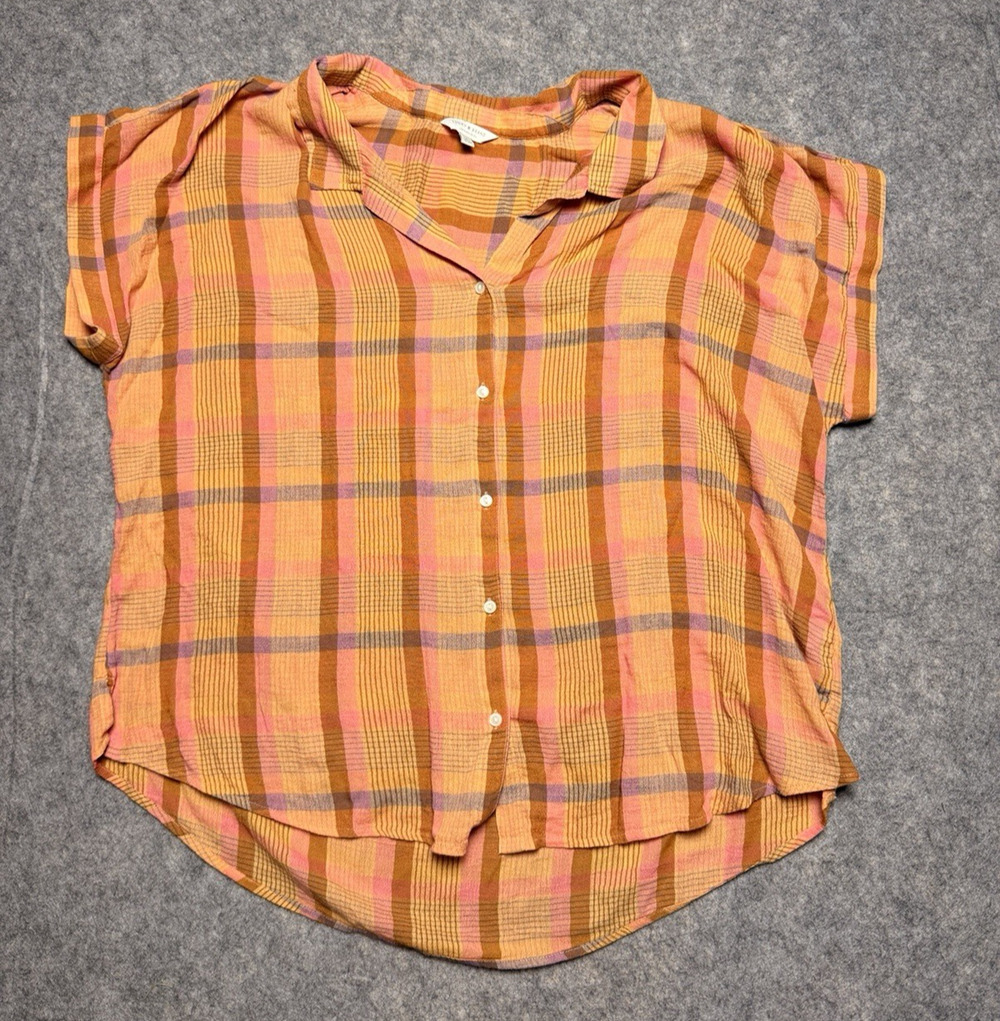 Lucky Brand Button Front Shirt Womens X-Large Plaid Short Sleeve Curved Hem Top